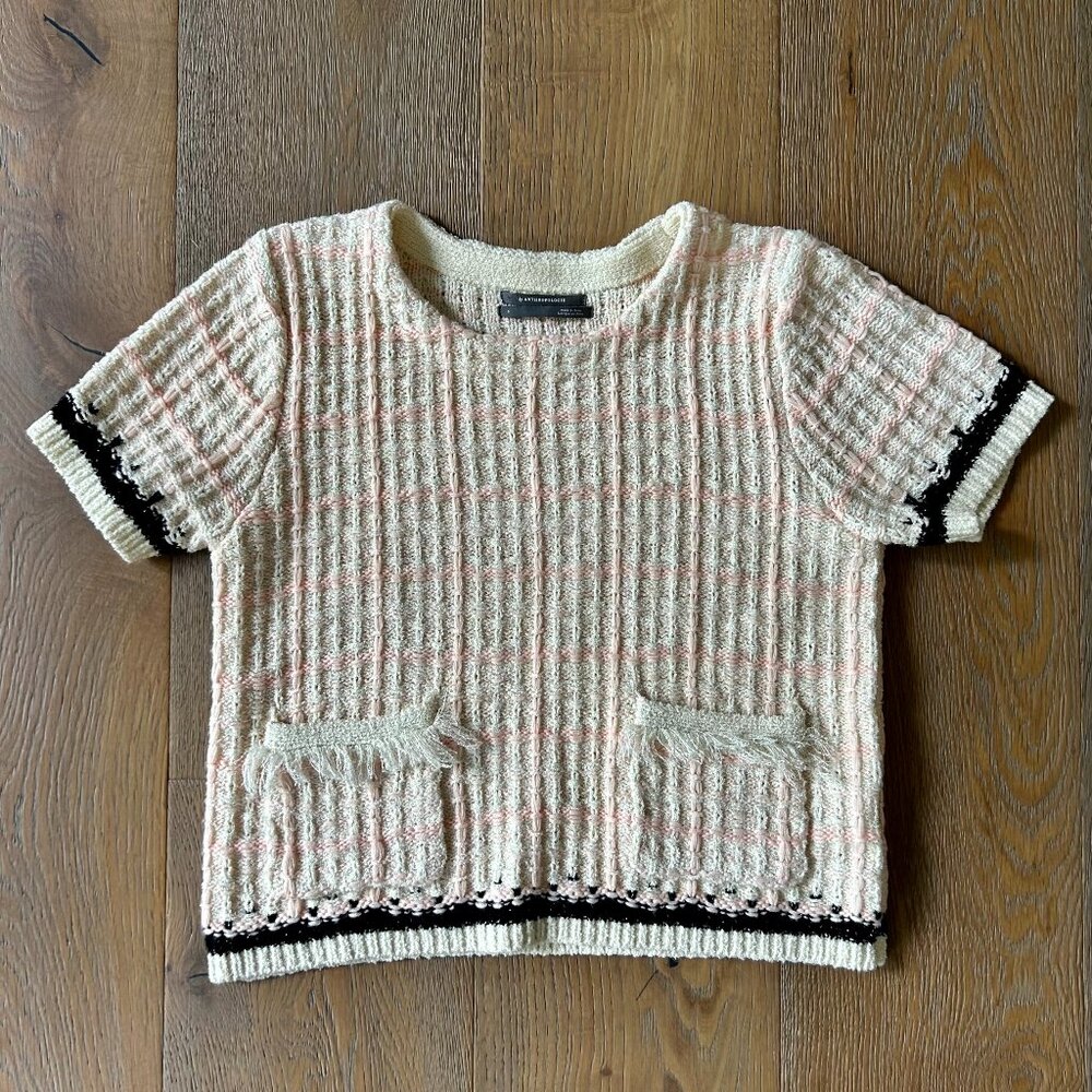 S pink & cream tweed Anthropologie sweater